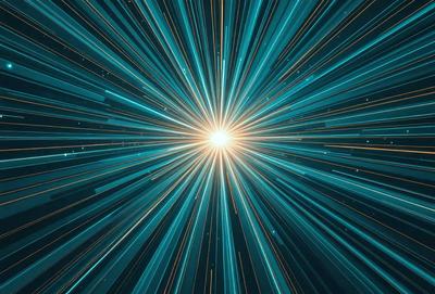 The primary subject of the image is a bright, colorful, and vibrant light source, which appears to be a sun or a light bulb. The setting is a dark background, which contrasts with the light source, creating a striking visual effect. The visual style of the image is a combination of photo and digital art, as it captures the light source's vivid colors and dynamic nature. The colors and mood of the image are predominantly blue and yellow, with a sense of energy and excitement.