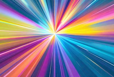 The primary subject of the image is a brightly colored, colorful light beam or explosion. The setting is a blue background, which contrasts with the vibrant colors of the light beam. The visual style appears to be a digital art or illustration, as the colors and lighting effects are reminiscent of a computer-generated image. The dominant colors are blue, purple, and orange, creating a lively and energetic atmosphere.