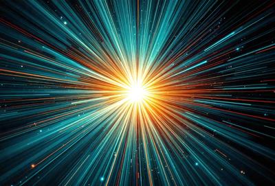 The primary subject of the image is a bright, colorful, and vibrant light source, which appears to be a sun or a light bulb. The light source is surrounded by a blue background, giving the scene a futuristic and dynamic feel. The visual style of the image is a combination of photo and digital art, creating a unique and eye-catching representation of the light source. The colors and mood of the image are predominantly blue and energetic, evoking a sense of excitement and movement.