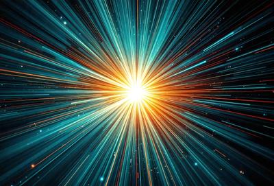 The primary subject of the image is a bright, colorful, and vibrant light source, which appears to be a sun or a light bulb. The light source is surrounded by a blue background, giving the scene a futuristic and dynamic feel. The visual style of the image is a combination of photo and digital art, creating a unique and eye-catching representation of the light source. The colors and mood of the image are predominantly blue and energetic, evoking a sense of excitement and movement.