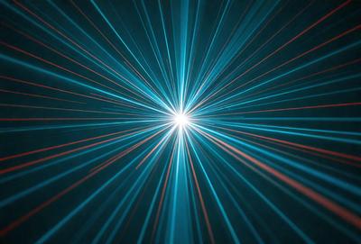 The primary subject of the image is a bright, colorful light source, possibly a light bulb or a laser beam, emanating from a central point. The light source is surrounded by a blue and red hue, creating a vibrant and dynamic atmosphere. The setting appears to be a dark background, which further emphasizes the light source and its colors. The visual style of the image is a combination of digital art and illustration, with the light source being the focal point of the composition.
