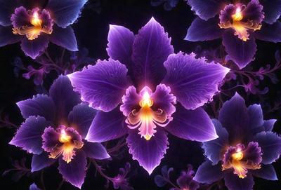 The primary subject of the image is a purple flower with a yellow center, surrounded by other purple flowers. The setting is a dark background, which creates a dramatic and moody atmosphere. The visual style is a combination of photo and digital art, as the flowers are depicted in a detailed and realistic manner. The dominant colors are purple and yellow, with the purple flowers being the main focus of the image.