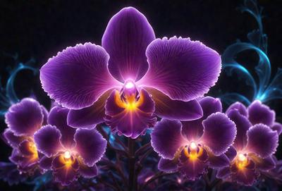 The primary subject of the image is a purple orchid flower. The setting is a dark room, and the visual style appears to be a digital art or illustration. The dominant colors are purple and blue, creating a calm and serene atmosphere.
