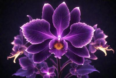 The primary subject of the image is a purple flower with a yellow center, which is the focal point of the scene. The flower is set against a dark background, which adds to the overall mood of the image. The visual style of the image is a close-up of the flower, showcasing its details and colors. The dominant colors in the image are purple and yellow, creating a vibrant and lively atmosphere.