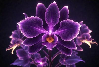The primary subject of the image is a purple flower with a yellow center, which is the focal point of the scene. The flower is set against a dark background, which adds to the overall mood of the image. The visual style of the image is a close-up of the flower, showcasing its details and beauty. The colors of the flower and the background create a sense of depth and contrast, making the image visually appealing.