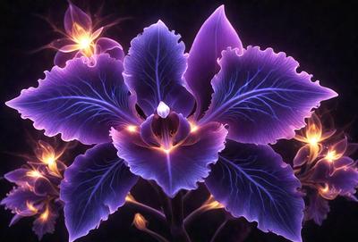 The primary subject of the image is a purple flower with a yellow center. The flower is the focal point of the scene, and it is set against a dark background. The visual style of the image is a combination of photo and digital art, creating a unique and eye-catching display. The dominant colors in the image are purple and yellow, which evoke a sense of warmth and beauty.