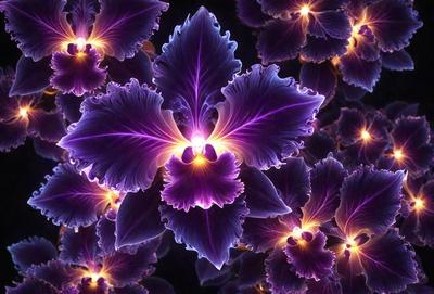 The primary subject of the image is a close-up of a purple flower with a yellow center. The flower is surrounded by a pattern of other purple flowers, creating a visually appealing and vibrant scene. The setting appears to be a dark background, which emphasizes the bright colors of the flowers. The visual style of the image is a combination of photo and digital art, as it captures the beauty of the flower in a unique and artistic manner. The dominant colors in the image are purple and yellow, creating