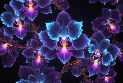 The primary subject of the image is a close-up of a purple orchid flower. The setting is a dark background, which highlights the vibrant purple color of the flower. The visual style is a digital art or illustration, showcasing the intricate details of the flower. The colors and mood of the image are predominantly purple, creating a serene and elegant atmosphere.