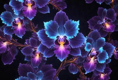 The primary subject of the image is a close-up of a purple orchid flower. The setting is a dark background, which highlights the vibrant purple color of the flower. The visual style is a digital art or illustration, showcasing the intricate details of the flower. The colors and mood of the image are predominantly purple, creating a serene and elegant atmosphere.