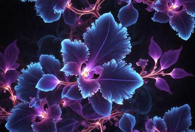 The primary subject of the image is a close-up of a purple flower with blue leaves. The setting is a dark background, which contrasts with the vibrant colors of the flower. The visual style is a combination of a photo and digital art, creating a unique and eye-catching image. The dominant colors are purple and blue, giving the image a calming and serene atmosphere.