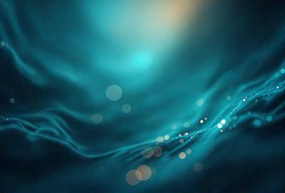 The primary subject of the image is a blue ocean with a few white lights in the distance. The setting is a vast body of water, and the visual style is a combination of a photo and digital art. The colors are predominantly blue and white, creating a serene and calming atmosphere.