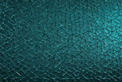 The primary subject of the image is a blue, textured surface with a pattern of hexagons. The setting is a dark blue background, and the visual style appears to be a combination of digital art and illustration. The dominant colors are blue and black, creating a moody and intriguing atmosphere.