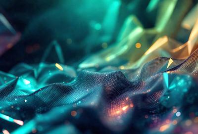 The primary subject of the image is a blue and green patterned background. The setting is a dark, blue-green environment, which creates a contrast with the bright colors of the pattern. The visual style is a combination of digital art and illustration, as the pattern appears to be a digital creation. The colors and mood of the image are vibrant and lively, with the blue and green hues creating a sense of depth and movement.