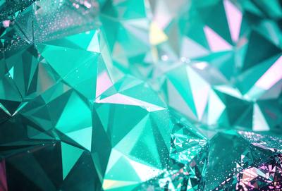 The primary subject of the image is a close-up of a colorful, geometric pattern made up of various shapes and colors. The setting is a brightly colored, textured background that complements the vibrant pattern. The visual style is a mix of digital art and illustration, creating a unique and eye-catching design. The dominant colors in the image are green, blue, and purple, giving the scene a lively and energetic atmosphere.