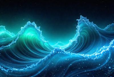 The primary subject of the image is a large, blue wave with a green tint. The wave is the main focus of the image, and it appears to be a digital art or illustration. The setting is a dark, starry night, which adds a sense of mystery and depth to the scene. The colors and mood of the image are predominantly blue and green, creating a serene and calming atmosphere.