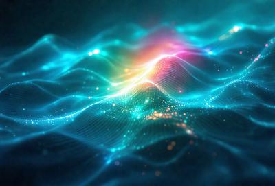 The primary subject of the image is a colorful, swirling pattern of light, which appears to be a digital art or illustration. The setting is a dark blue background, which contrasts with the vibrant colors of the swirling pattern. The visual style is a mix of digital art and illustration, creating a dynamic and visually appealing scene. The colors and mood of the image are predominantly blue and purple, with a sense of depth and movement.