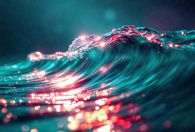 The primary subject of the image is a wave in the ocean, with a brightly colored, glowing effect. The wave is surrounded by a blue ocean, creating a vibrant and lively atmosphere. The visual style of the image is a combination of photo and digital art, giving it a unique and eye-catching appearance. The colors and mood of the image are predominantly blue and bright, with a sense of energy and movement.