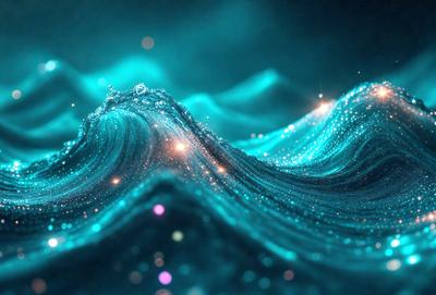 The primary subject of the image is a blue ocean with a wave. The setting is a dark blue background, which creates a contrast with the wave. The visual style is a digital art, as the wave is depicted with a blue and white color scheme, giving it a futuristic and surreal appearance. The overall atmosphere is serene and captivating, as the viewer is drawn into the depths of the ocean.