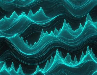 The primary subject of the image is a series of blue and green waves, which are the main objects in the scene. The setting is a dark background, which contrasts with the bright colors of the waves. The visual style of the image is a digital art or illustration, as it appears to be a pattern or texture created using computer-generated elements. The dominant colors in the image are blue and green, giving it a calm and soothing atmosphere.