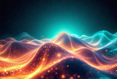 The primary subject of the image is a vibrant, colorful mountain range. The setting is a dark blue background, which contrasts with the bright colors of the mountain range. The visual style is a combination of digital art and illustration, creating a dynamic and eye-catching scene. The dominant colors are orange, blue, and green, giving the image a lively and energetic atmosphere.