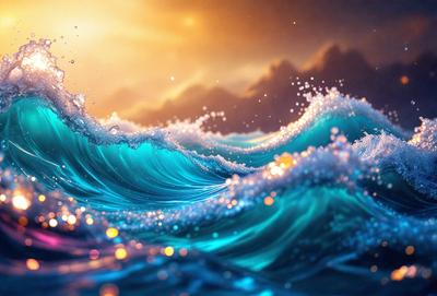 The primary subject of the image is a large wave in the ocean. The wave is blue and has a foamy texture, giving it a dynamic and lively appearance. The setting is the ocean, with the wave crashing against the water. The visual style of the image is a digital art or illustration, as it captures the movement and energy of the wave in a vibrant and detailed manner. The dominant colors in the image are blue and white, creating a serene and calming atmosphere.