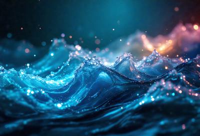 The primary subject of the image is a blue ocean with waves. The setting is a dark blue background, which creates a contrast with the light blue waves. The visual style is a digital art or illustration, as the waves are depicted in a detailed and artistic manner. The colors and mood of the image are predominantly blue, creating a serene and calming atmosphere.