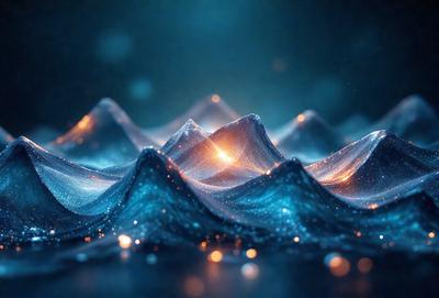 The primary subject of the image is a blue and orange light show, possibly a digital art or illustration, set against a dark blue background. The visual style gives the impression of a futuristic or surreal scene. The colors and mood of the image are predominantly dark and moody, with the blue and orange light show creating a dramatic and captivating atmosphere.