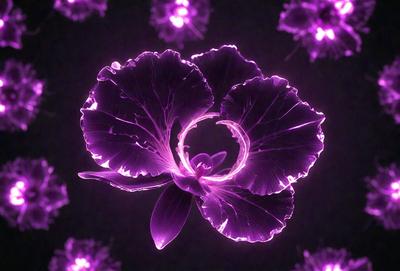 The primary subject of the image is a purple flower with a purple stem. The flower is surrounded by a purple background, which adds to the overall mood of the image. The visual style of the image is a combination of photo and digital art, creating a unique and eye-catching display. The colors and mood of the image are predominantly purple, giving it a calming and serene atmosphere.