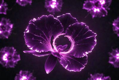 The primary subject of the image is a purple flower with a purple center. The setting is a dark background, which creates a dramatic and moody atmosphere. The visual style is a combination of a photo and digital art, as the flower appears to be glowing in the dark. The colors and mood of the image are predominantly purple, giving it a unique and striking appearance.
