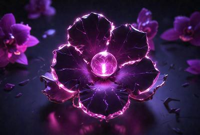 The primary subject of the image is a purple flower with a pink center, which is sitting on a black surface. The setting appears to be a dark room, and the visual style is a combination of a photo and digital art. The dominant colors in the image are purple and pink, creating a calm and serene atmosphere.