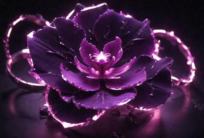 The primary subject of the image is a purple flower with a pink center, sitting on a black surface. The setting appears to be a dark room, and the visual style is a close-up of the flower. The dominant colors in the image are purple and pink, creating a calm and serene atmosphere.