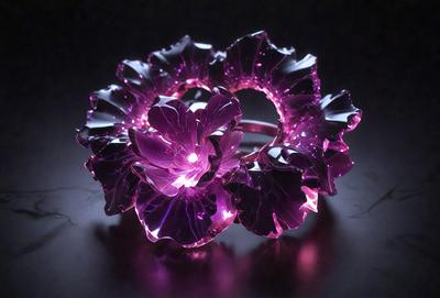 The primary subject of the image is a pair of purple glass flowers. The setting is a dark background, which highlights the vibrant colors of the flowers. The visual style is a combination of digital art and illustration, creating a unique and eye-catching design. The colors and mood of the image are predominantly purple, giving it a calming and artistic atmosphere.