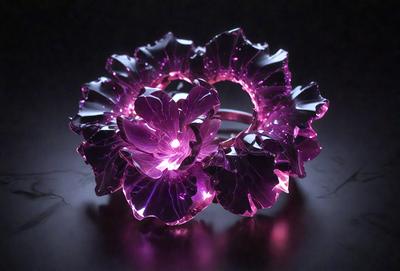The primary subject of the image is a pair of purple glass flowers. The setting is a dark background, which highlights the vibrant colors of the flowers. The visual style is a combination of digital art and illustration, creating a unique and eye-catching design. The colors and mood of the image are predominantly purple, giving it a calming and artistic atmosphere.