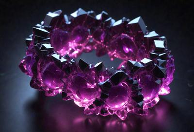 The primary subject of the image is a purple and black bracelet. The setting is a dark room, and the visual style appears to be a combination of digital art and illustration. The colors and mood of the image are predominantly purple and black, creating a bold and striking appearance.