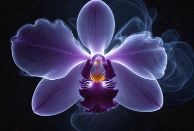 The primary subject of the image is a purple orchid flower. The setting is a dark background, which creates a dramatic and moody atmosphere. The visual style is a close-up of the flower, showcasing its intricate details. The colors are predominantly purple, which adds to the overall mood of the image.