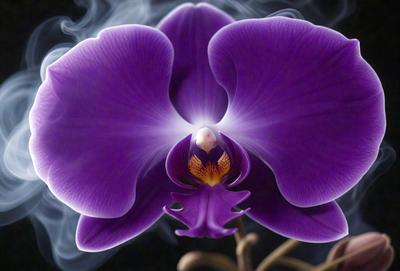 Purple orchid flower with purple petals and a yellow center.