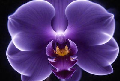 The primary subject of the image is a purple orchid flower. The setting is a dark background, which creates a dramatic and moody atmosphere. The visual style is a close-up of the flower, showcasing its intricate details. The dominant colors are purple and black, with the purple orchid standing out against the dark background.
