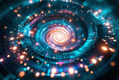 The primary subject of the image is a spiral-shaped, colorful light display. The spiral is surrounded by a blue background, giving it a vibrant and lively appearance. The visual style of the image is digital art, as it is a computer-generated representation of the spiral. The dominant colors in the image are blue and orange, creating a sense of energy and movement.