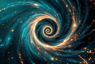The primary subject of the image is a spiral-shaped pattern, which is a digital artwork. The spiral is surrounded by a blue background, giving it a vibrant and lively appearance. The visual style of the image is digital art, and the dominant colors are blue and orange, creating a sense of movement and energy.