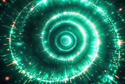 The primary subject of the image is a brightly colored, swirling, and spiraling pattern, which appears to be a digital art or illustration. The setting is a dark background, which contrasts with the vibrant colors of the pattern. The visual style suggests that the image is a creative and artistic representation of a spiral or swirl. The dominant colors are green and white, creating a lively and energetic atmosphere.