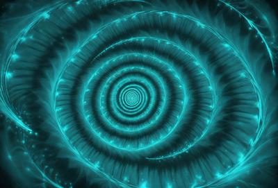 The primary subject of the image is a spiral pattern, which is a blue and green swirl. The setting is a dark background, and the visual style appears to be a digital art or illustration. The dominant colors in the image are blue and green, creating a vibrant and lively atmosphere.
