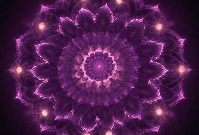 The primary subject of the image is a purple flower with a circular shape. The setting is a purple background, which adds to the overall mood of the image. The visual style is a combination of a photo and digital art, creating a unique and eye-catching design. The dominant colors are purple and pink, giving the image a calming and serene atmosphere.