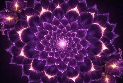 The primary subject of the image is a purple flower with a yellow center, which is the focal point of the scene. The setting is a dark background, which contrasts with the vibrant colors of the flower. The visual style of the image is a combination of a photo and digital art, creating a unique and eye-catching design. The dominant colors of the image are purple and yellow, giving it a warm and inviting atmosphere.