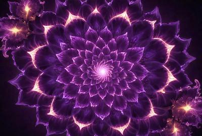 The primary subject of the image is a purple flower with a yellow center, which is the focal point of the scene. The setting is a dark background, which contrasts with the vibrant colors of the flower. The visual style of the image is a close-up of the flower, showcasing its intricate details. The dominant colors of the image are purple and yellow, creating a serene and calming atmosphere.