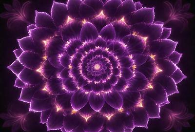 The primary subject of the image is a purple flower with a yellow center, which is the focal point of the scene. The setting is a dark background, which contrasts with the vibrant colors of the flower. The visual style of the image is a combination of a photo and digital art, creating a unique and eye-catching display. The dominant colors of the image are purple and yellow, which evoke a sense of warmth and beauty.