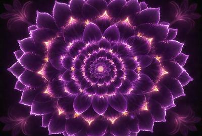 The primary subject of the image is a purple flower with a yellow center, which is the focal point of the scene. The setting is a dark background, which contrasts with the vibrant colors of the flower. The visual style of the image is a close-up of the flower, showcasing its intricate details. The dominant colors in the image are purple and yellow, creating a warm and inviting atmosphere.