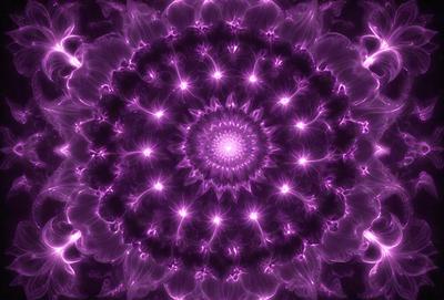 The primary subject of the image is a purple, circular pattern with a central hole. The setting is a dark background, which contrasts with the bright purple color of the pattern. The visual style appears to be a combination of a photo and digital art, as the purple pattern is displayed in a way that resembles a digital artwork. The colors and mood of the image are predominantly purple, creating a calm and serene atmosphere.