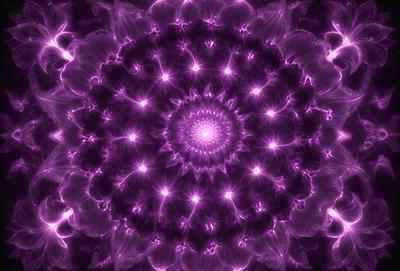 The primary subject of the image is a purple, circular pattern with a central hole. The setting is a dark background, which contrasts with the bright purple color of the pattern. The visual style appears to be a combination of a photo and digital art, as the purple pattern is displayed in a way that resembles a digital artwork. The colors and mood of the image are predominantly purple, creating a calm and serene atmosphere.