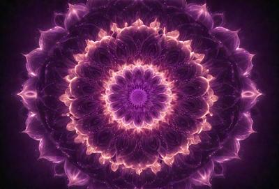 The primary subject of the image is a purple flower with a yellow center, which is the focal point of the scene. The flower is surrounded by a purple background, giving it a vibrant and eye-catching appearance. The visual style of the image is a combination of photo and digital art, creating a unique and artistic representation of the flower. The dominant colors in the image are purple and yellow, which evoke a sense of warmth and beauty.
