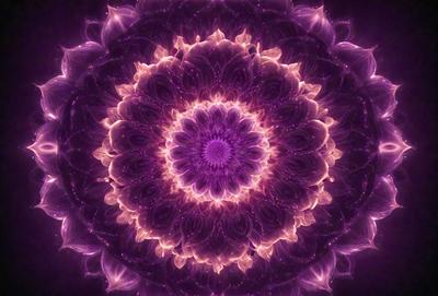 The primary subject of the image is a purple flower with a yellow center, which is the focal point of the scene. The flower is surrounded by a purple background, giving it a vibrant and eye-catching appearance. The visual style of the image is a combination of photo and digital art, creating a unique and artistic representation of the flower. The dominant colors in the image are purple and yellow, which evoke a sense of warmth and beauty.